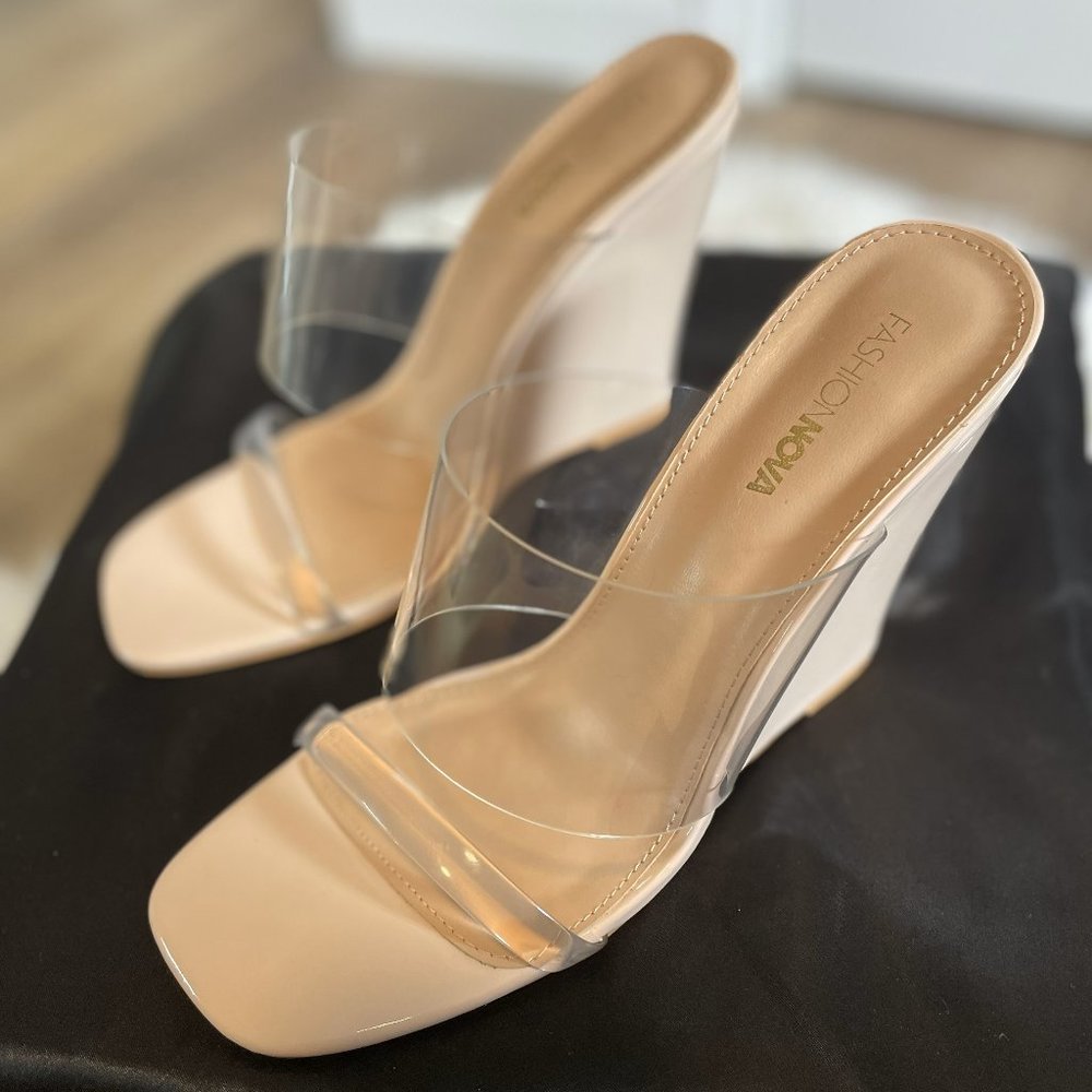 Fashion nova nude wedge heels with clear straps size 9